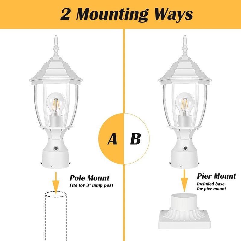PARTPHONER Dusk to Dawn White Outdoor Post Light with Pier Mount Base, Waterproof Pole Lantern Light Fixture, Exterior Lamp Post Lantern Head with Clear Glass Panels for Garden, Patio, Pathway - Image 5