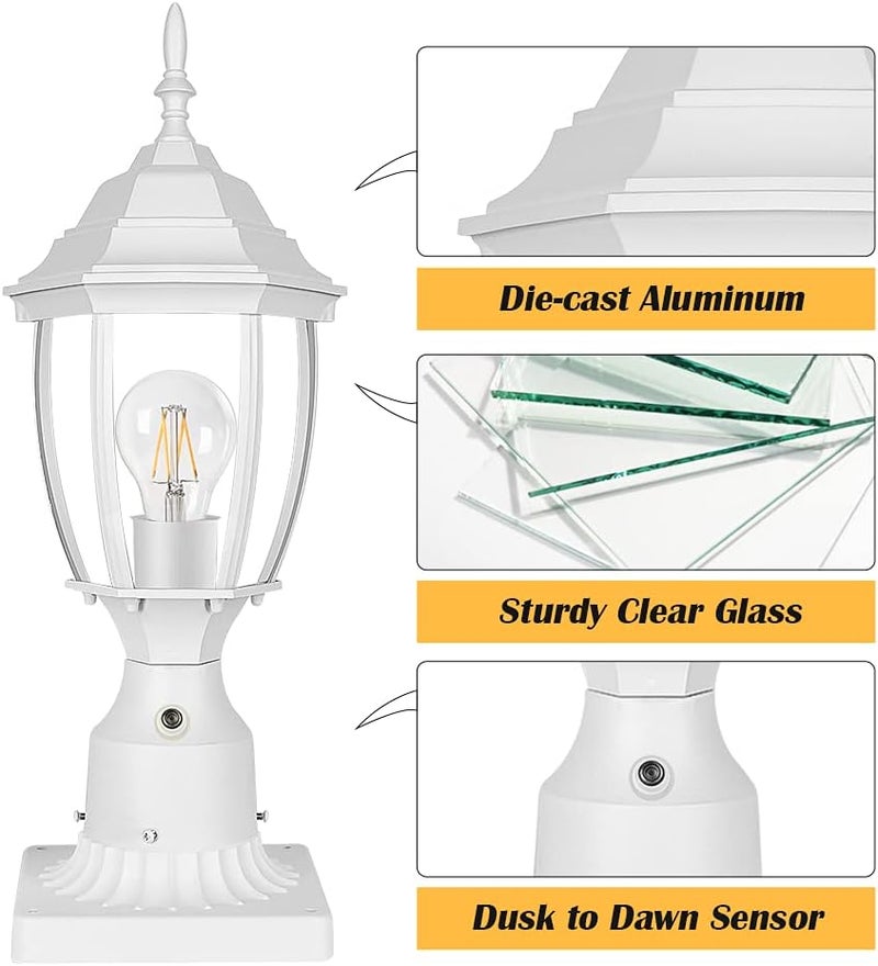 PARTPHONER Dusk to Dawn White Outdoor Post Light with Pier Mount Base, Waterproof Pole Lantern Light Fixture, Exterior Lamp Post Lantern Head with Clear Glass Panels for Garden, Patio, Pathway - Image 3