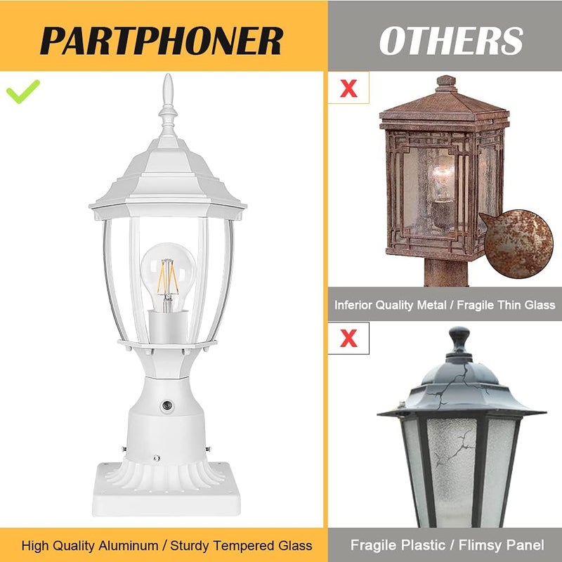 PARTPHONER Dusk to Dawn White Outdoor Post Light with Pier Mount Base, Waterproof Pole Lantern Light Fixture, Exterior Lamp Post Lantern Head with Clear Glass Panels for Garden, Patio, Pathway - Image 4