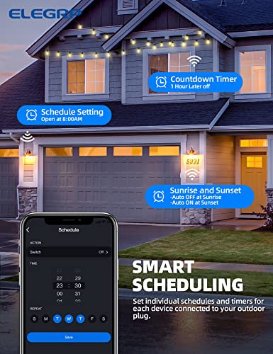 ELEGRP PQR20 Outdoor Smart Plug Waterproof IP66, WiFi Plug with 2 Individually Sockets, Compatible with Alexa & Google Assistant, Smart Outdoor Outlet for String Lights, UL Certified, 1 Pack, Black - Image 5