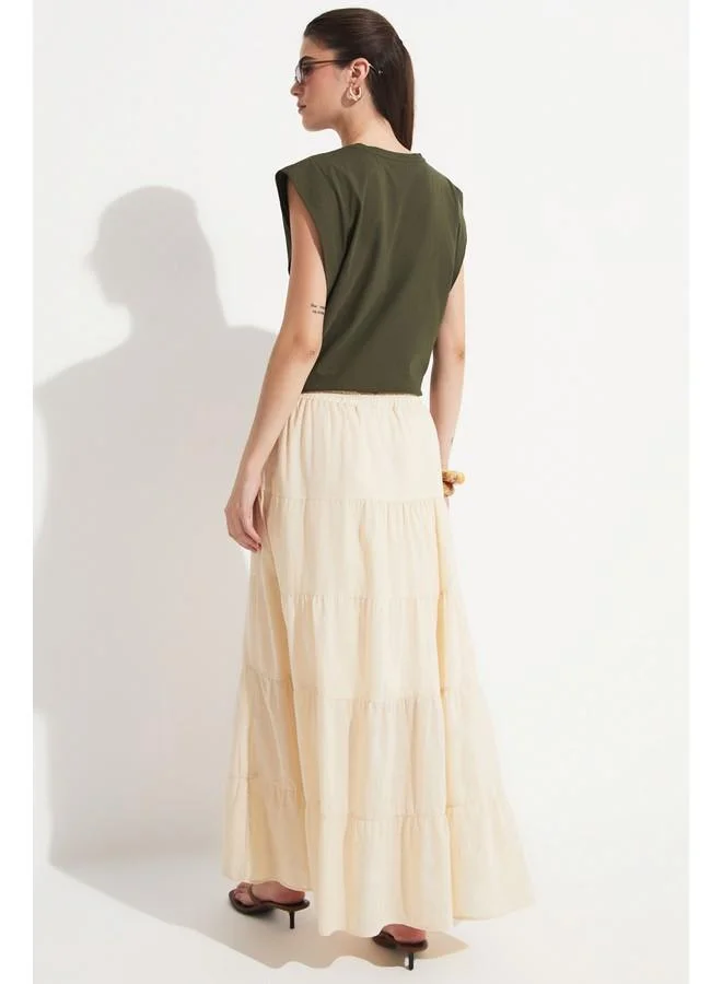JUNE June Women Cotton Gathered Detailed Maxi Skirt Beige