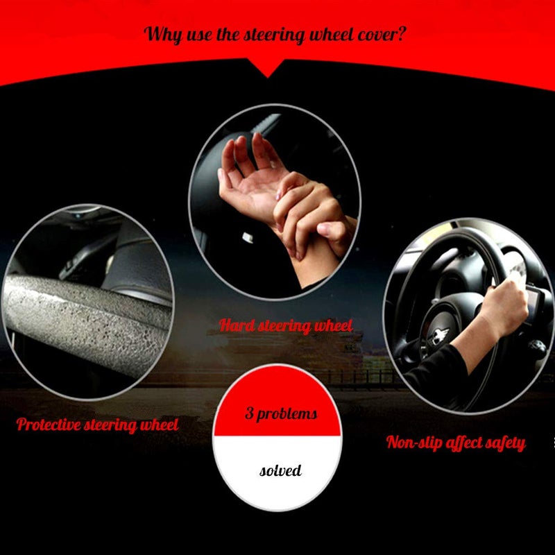 Red Rain Black Leather Steering Wheel Cover Cowhide Wheel Cover Genuine Leather BMW Steering Wheel Cover Universal Size M / 15inch Fit Car/Auto/SUV (A-Black-M) - Image 5