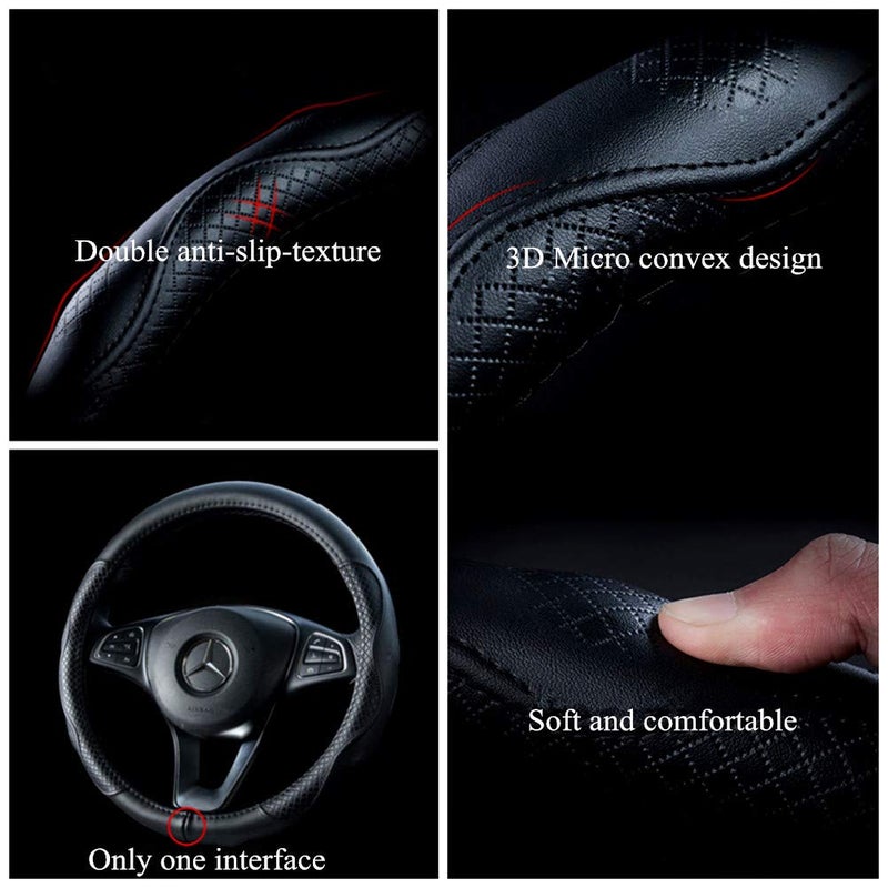 Red Rain Black Leather Steering Wheel Cover Cowhide Wheel Cover Genuine Leather BMW Steering Wheel Cover Universal Size M / 15inch Fit Car/Auto/SUV (A-Black-M) - Image 3
