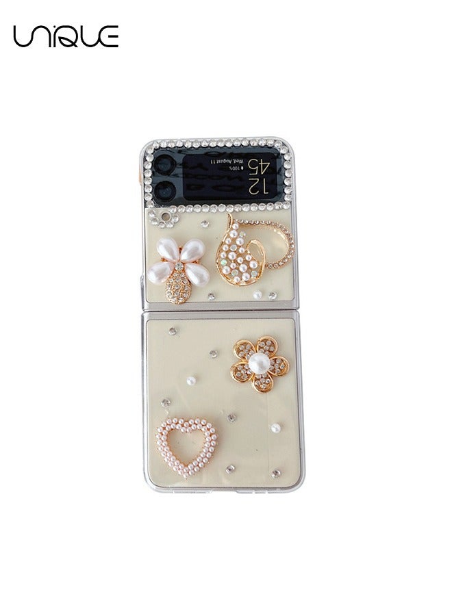 Unique For Galaxy Z Flip 4 Phone Case - Glitter Rhinestone Pearl Heart Phone Case - Transparent Design Sparkling 3D Pearl Flower Aesthetic Phone Case - TPU Drop Resistant Shock Phone Case - Image 1