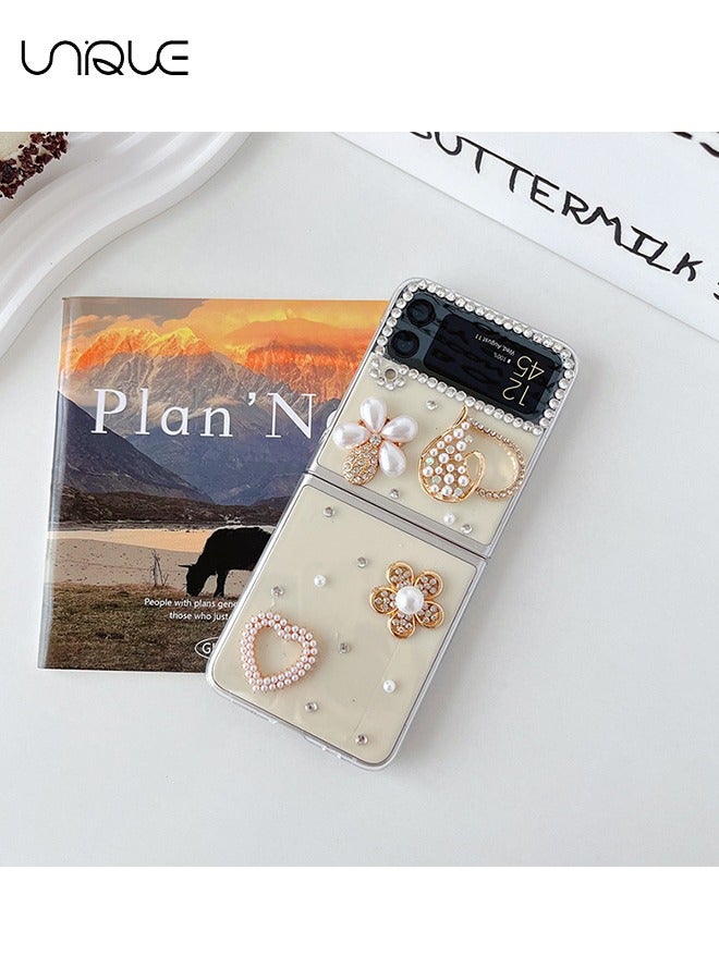 Unique For Galaxy Z Flip 4 Phone Case - Glitter Rhinestone Pearl Heart Phone Case - Transparent Design Sparkling 3D Pearl Flower Aesthetic Phone Case - TPU Drop Resistant Shock Phone Case - Image 5