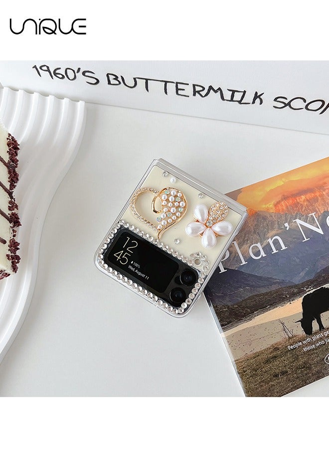 Unique For Galaxy Z Flip 4 Phone Case - Glitter Rhinestone Pearl Heart Phone Case - Transparent Design Sparkling 3D Pearl Flower Aesthetic Phone Case - TPU Drop Resistant Shock Phone Case - Image 2