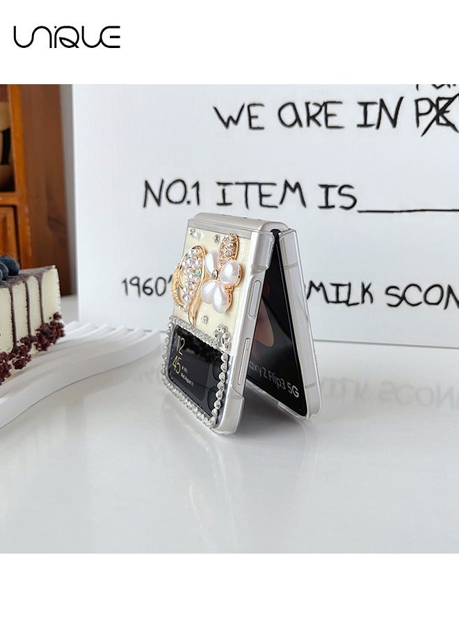 Unique For Galaxy Z Flip 4 Phone Case - Glitter Rhinestone Pearl Heart Phone Case - Transparent Design Sparkling 3D Pearl Flower Aesthetic Phone Case - TPU Drop Resistant Shock Phone Case - Image 4