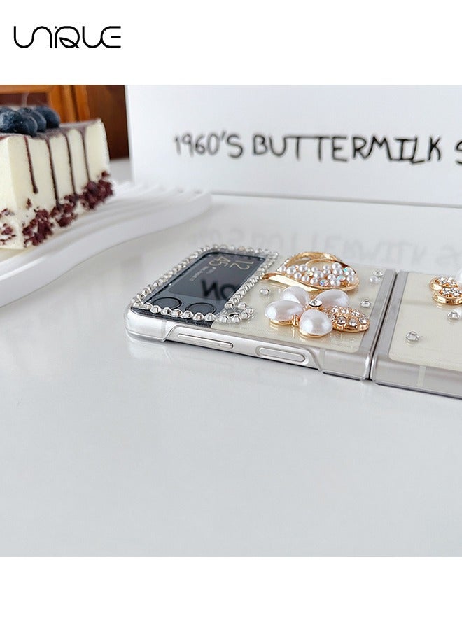 Unique For Galaxy Z Flip 4 Phone Case - Glitter Rhinestone Pearl Heart Phone Case - Transparent Design Sparkling 3D Pearl Flower Aesthetic Phone Case - TPU Drop Resistant Shock Phone Case - Image 3
