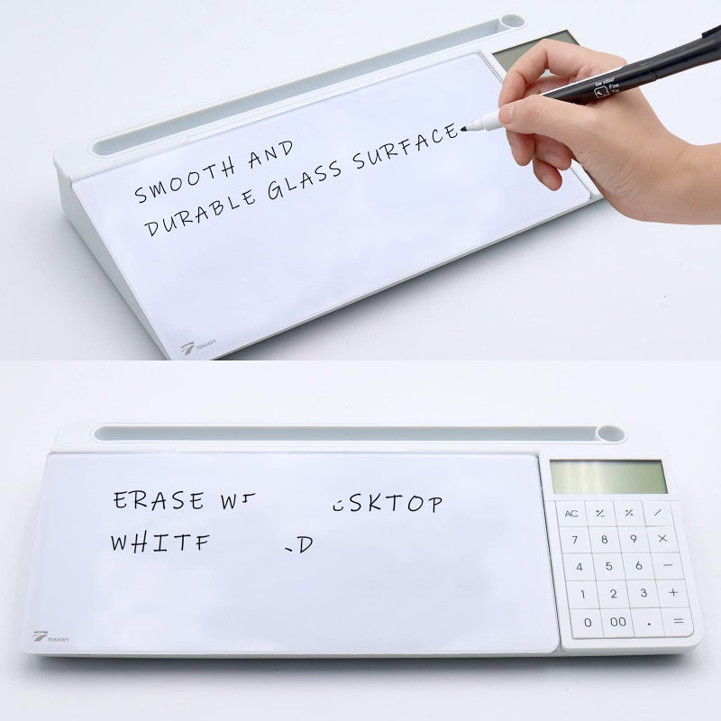 TOWON Desktop Glass Whiteboard with Basic Calculator, 12 Digit LCD Display, Desk Organizers with Accessories for Office, Home, School Supplies, Storage with Dry Erase Board Surface, White, 18'' x 6'' - Image 5