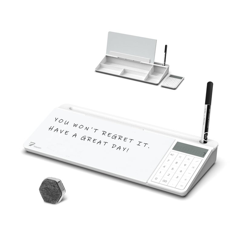 TOWON Desktop Glass Whiteboard with Basic Calculator, 12 Digit LCD Display, Desk Organizers with Accessories for Office, Home, School Supplies, Storage with Dry Erase Board Surface, White, 18'' x 6'' - Image 1
