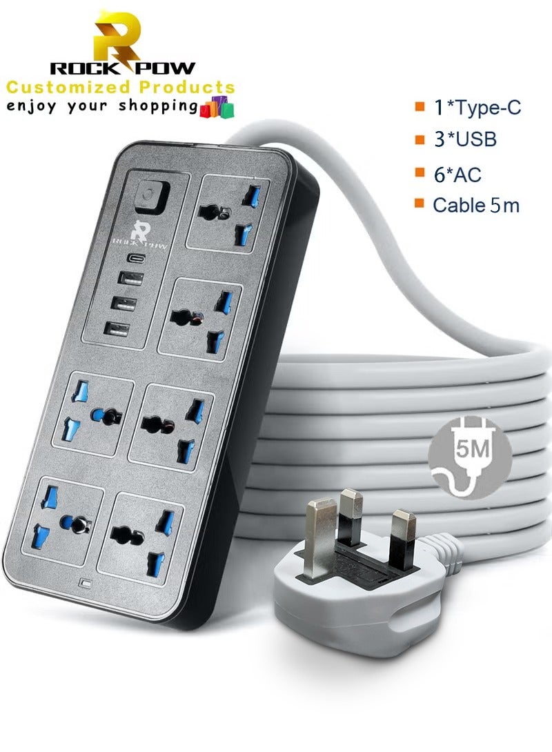 5 meters Universal Extension Lead with Multiple Function UK Plug 3 Pin Socket Outlet with 6 Gang 3 USB Port 1 Type-C Port 5M Electric Socket Mains Strip for Home Kitchen and Office 5 meters