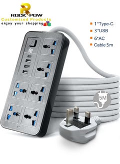 Rock Pow 5 Meters Universal Extension Lead with Multiple Function UK Plug 3 Pin Socket Outlet with 6 Gang 3 USB Port 1 Type-C Port 5M Electric Socket Mains Strip for Home Kitchen and Office  - Image 1