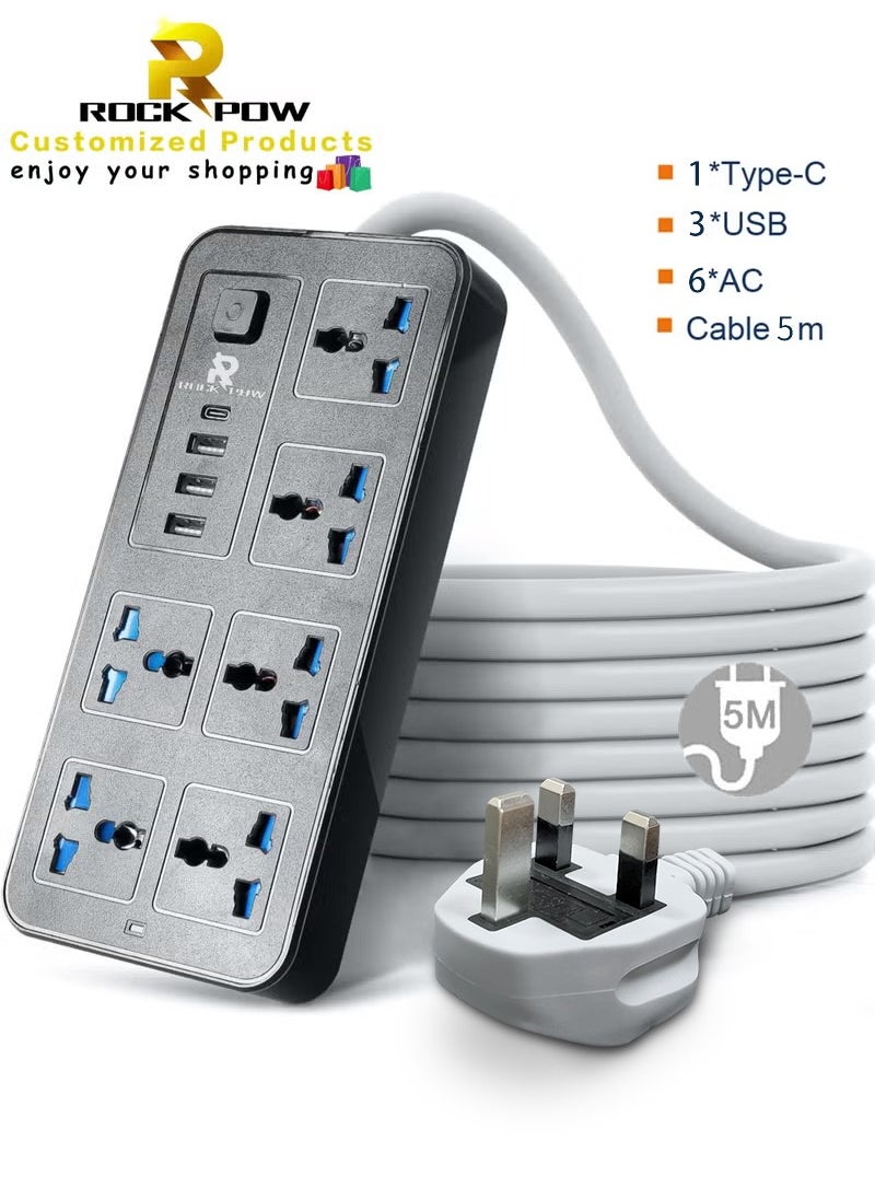 Rock Pow - 5 Meters Universal Extension Lead with Multiple Function UK Plug 3 Pin Socket Outlet with 6 Gang 3 USB Port 1 Type-C Port 5M Electric Socket Mains Strip for Home Kitchen and Office - Image 1