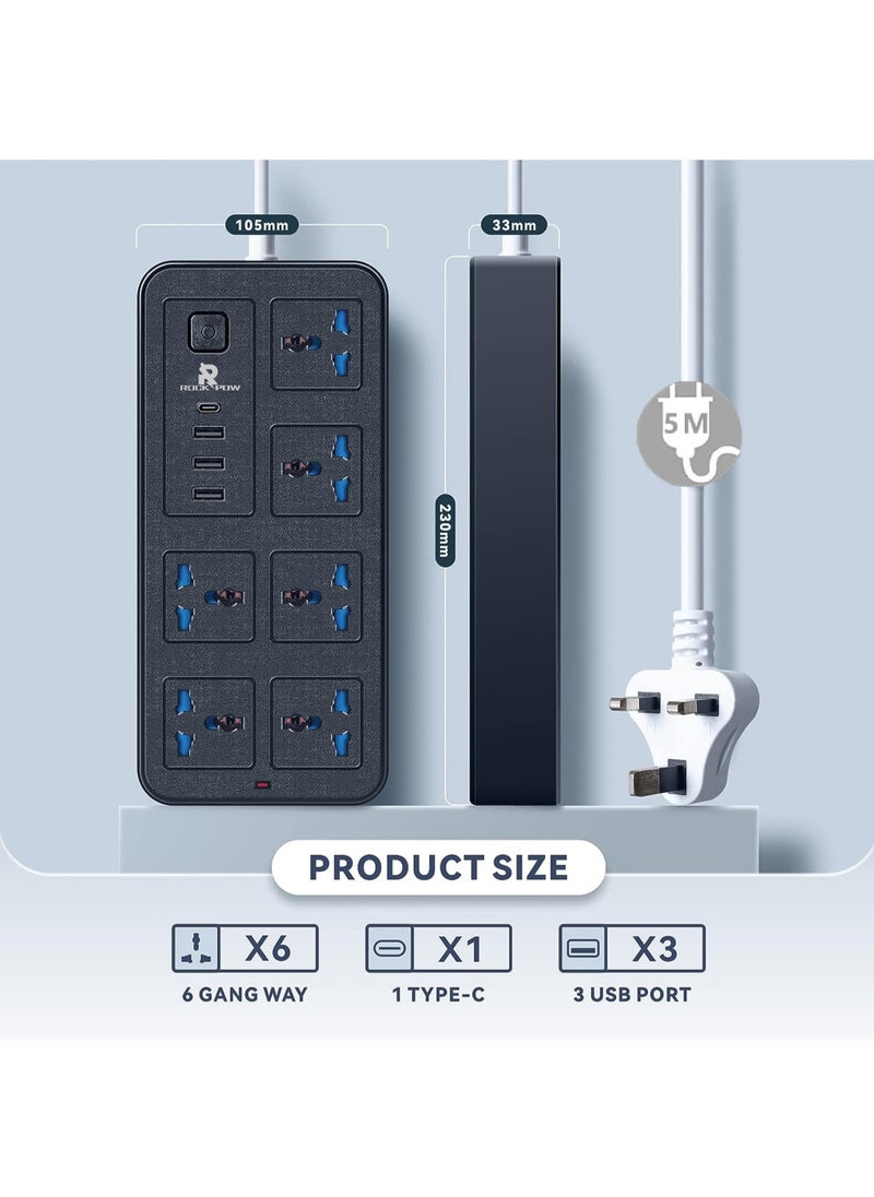 Rock Pow - 5 Meters Universal Extension Lead with Multiple Function UK Plug 3 Pin Socket Outlet with 6 Gang 3 USB Port 1 Type-C Port 5M Electric Socket Mains Strip for Home Kitchen and Office - Image 1