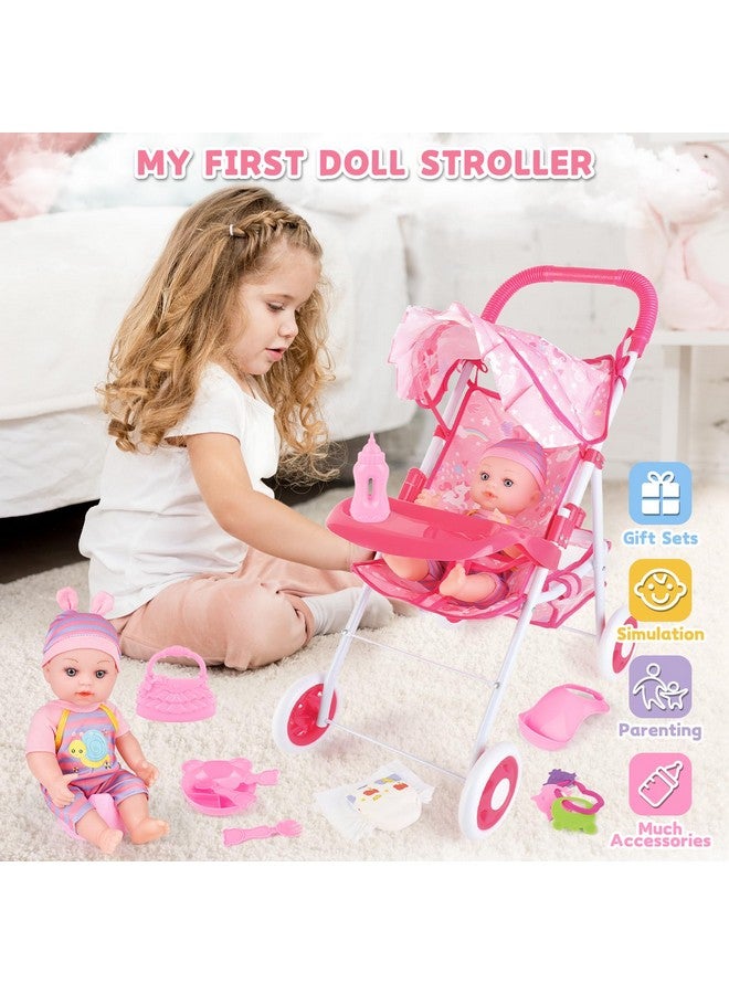 deAO Baby Doll Stroller 12" Baby Doll Set With Foldable Doll Stroller 15 Pcs Baby Doll Accessories For Toddlers 3-5 Christmas Birthday Gifts - Image 1