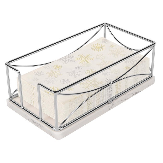 GUEST NAPKIN HOLDER METAL BATHROOM PAPER HAND TOWEL STORAGE MODERN NAPKIN TRAY CADDY FOR COUNTERTOP TABLE KITCHEN DINNING ROOM CHROME MARBLE BASE