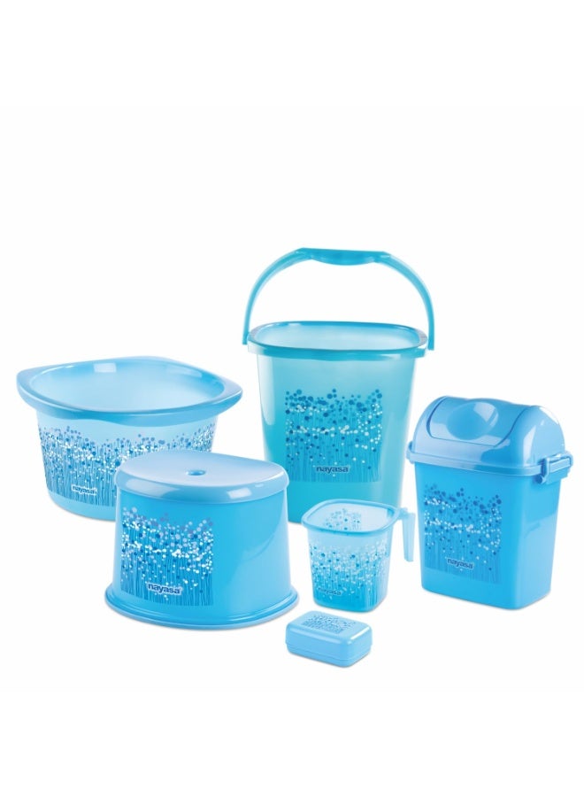 Nayasa Bathroom Set Small DLX 6 Pcs | Bkt 25 L + Mug 1.5 L + Basin 20 L+ Dustbin 14 L + 508 Stool + Soap Case | Bathroom Accessory Set Plastic | Bathroom Set | Bath Set for Bathroom | Blue - Image 1