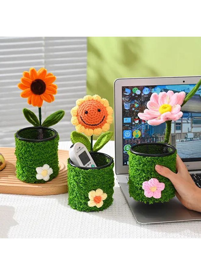 Hand Knitted Crochet Sunflower Pen Holder Desk Organizer Twist Stick For Lotus - Image 5