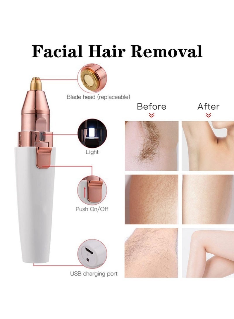 Electric Eyebrow Trimmer,  2 In 1 Facial Hair Remover  with 2 Pcs Replacement Heads , USB Rechargeable Face Electric Razor and Trimmer Built-in LED Light for Face, Nose, Eyebrow, Arm, Leg, Armpit and Bikini (White) - Image 3