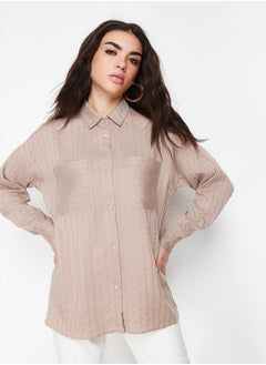 trendyol Beige Glitter Striped Woven Shirt TCTSS24TG00049  - Image 2