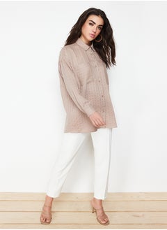 trendyol Beige Glitter Striped Woven Shirt TCTSS24TG00049  - Image 4