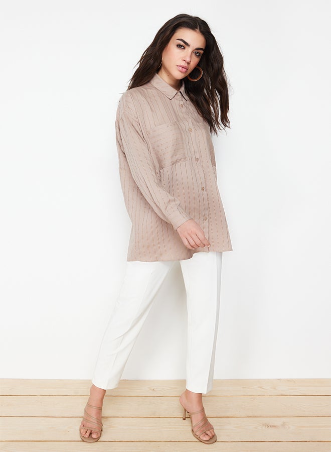 trendyol Beige Glitter Striped Woven Shirt TCTSS24TG00049 - Image 4