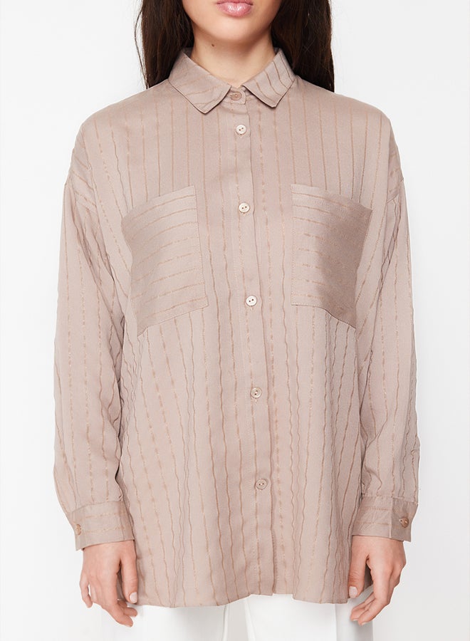 trendyol Beige Glitter Striped Woven Shirt TCTSS24TG00049 - Image 5