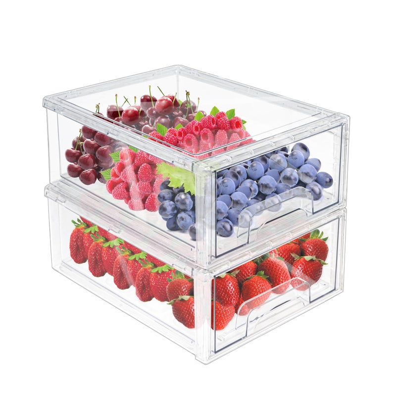 MANO MANO 2Pack Clear Fridge Drawers Pull Out Stackable Refrigerator Drawer Organizer Bins Pantry Storage Box Plastic Food Containers for Kitchen Bathroom Office Closet Large 