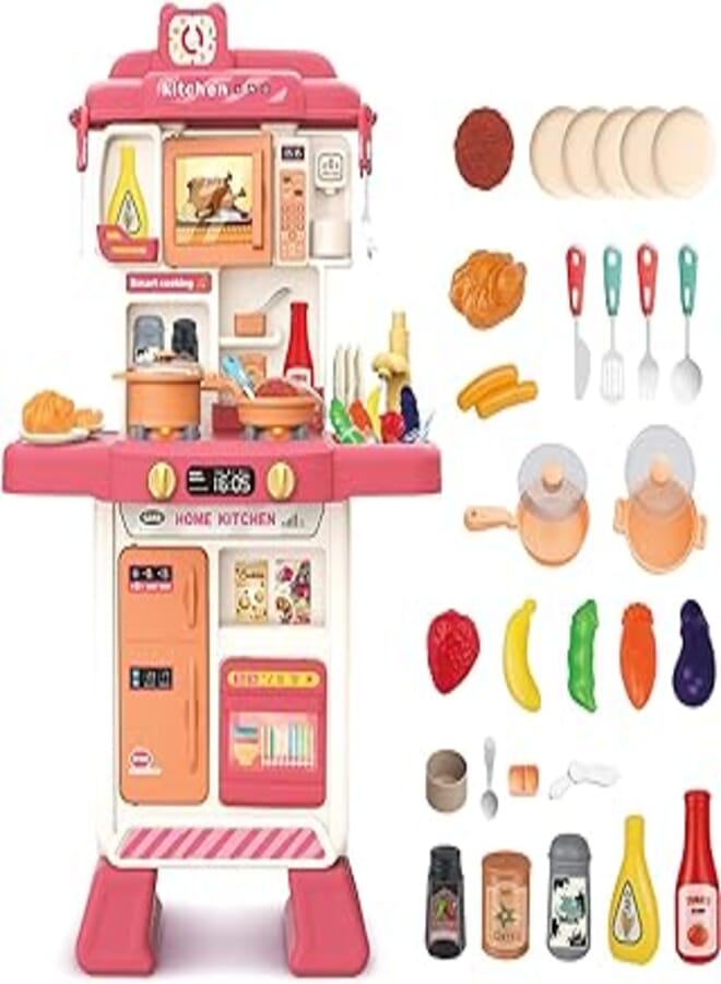 deAO Kids Kitchen Toy Set with Light & Analog Sound, Toy Kitchen Playset with Lots of Kitchen Accessories, Large Cooking Toy with Realistic Oven Microwave Press Water Faucet & Kitchenware for Boy Girl