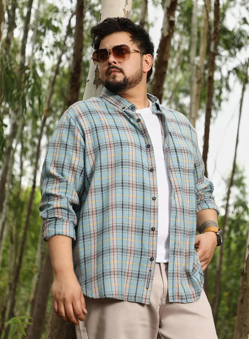 انستافاب بلس Instafab Plus Men Button-Down Plaid Shirt | Button-Down Collar , Long Cuffed Sleeves | Button Closure , Curved Hem | Checks Jacquard | Woven Fabric For Casual & Daily Wear | Misty Blue