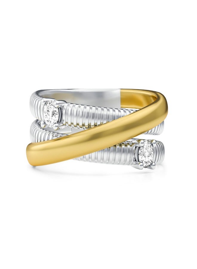 Mytys Two-Tone Wide Statement Ring for Women - Gold Silver Crossover Band with Ribbed Texture - Modern Fashion Jewelry Cocktail Ring - Mixed Metal Layered Design (Gold & Silver 1, 8) - Image 1