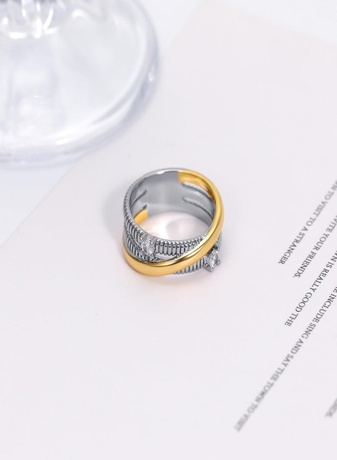 Mytys Two-Tone Wide Statement Ring for Women - Gold Silver Crossover Band with Ribbed Texture - Modern Fashion Jewelry Cocktail Ring - Mixed Metal Layered Design (Gold & Silver 1, 8) - Image 5