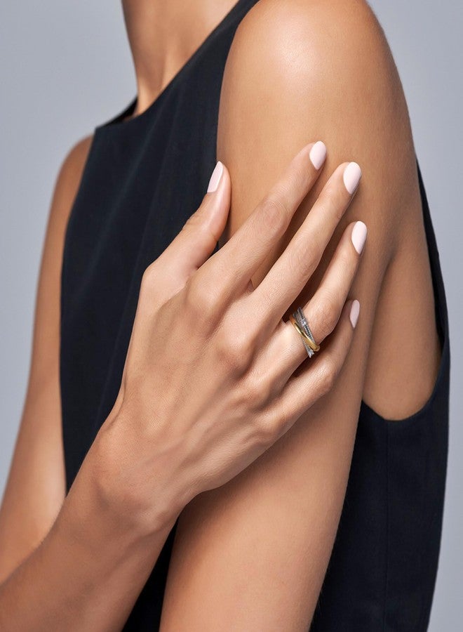 Mytys Two-Tone Wide Statement Ring for Women - Gold Silver Crossover Band with Ribbed Texture - Modern Fashion Jewelry Cocktail Ring - Mixed Metal Layered Design (Gold & Silver 1, 8) - Image 2