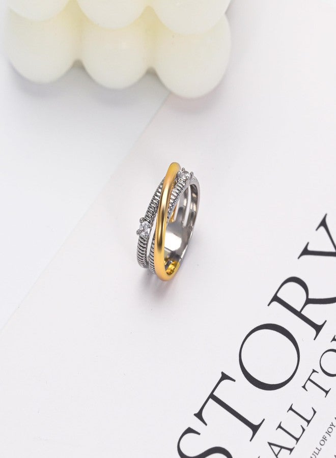 Mytys Two-Tone Wide Statement Ring for Women - Gold Silver Crossover Band with Ribbed Texture - Modern Fashion Jewelry Cocktail Ring - Mixed Metal Layered Design (Gold & Silver 1, 8) - Image 4