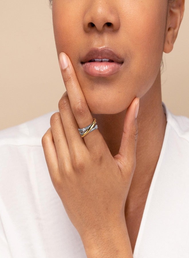Mytys Two-Tone Wide Statement Ring for Women - Gold Silver Crossover Band with Ribbed Texture - Modern Fashion Jewelry Cocktail Ring - Mixed Metal Layered Design (Gold & Silver 1, 8) - Image 3
