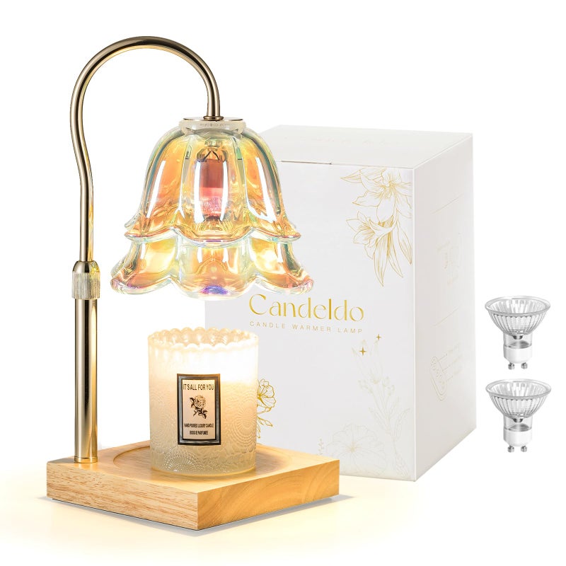 Candeldo Candle Warmer Lamp with Timer: Iridescent Flower Candle Warming Lamp with 2 Bulbs Height Adjustable Wax Warmer Dimmable Home Decor Mom Birthday Gift for Women - Image 1