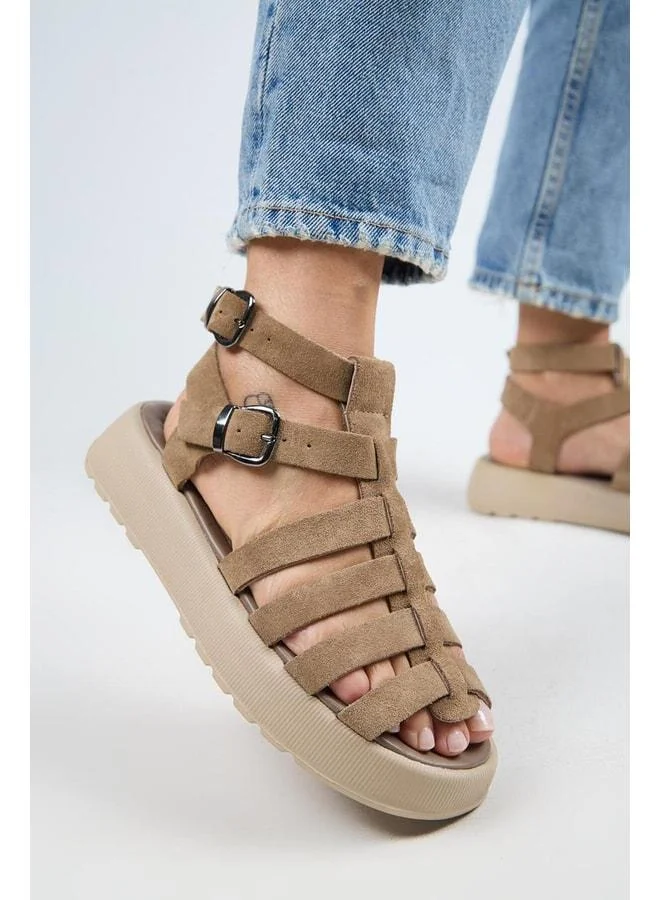 Benia Women's Genuine Leather Caged Sandal - Beige.