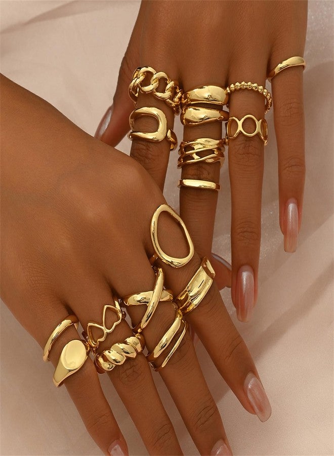 KONPJE Chunky Gold Rings Set for Women Vintage Mixed Metal Statement Knuckle Rings Adjustable Hollow Gemstone R ings Unique Open Dome Costume Prom Jewelry (12Piece -B) - Image 3