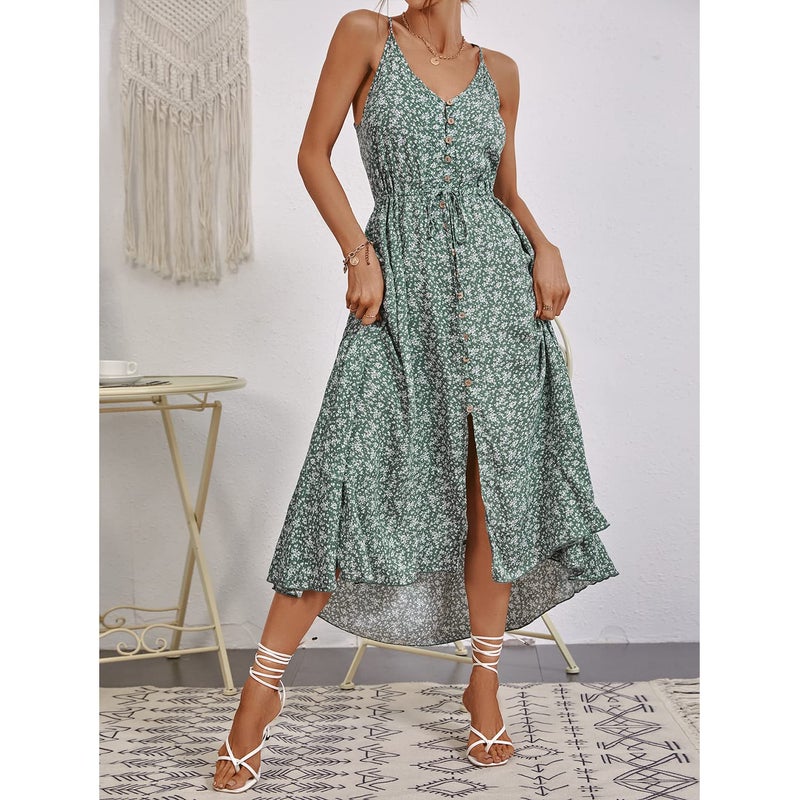 BROVAVE Women's 2025 Summer Casual Boho Sundress Polka Dot Spaghetti Strap V Neck Flowy Midi Dresses(008 Ditsy Green, X-Large) - Image 3