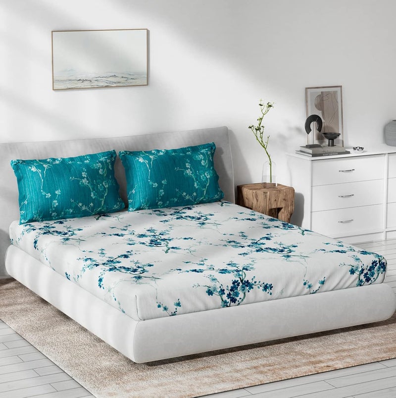 DDECOR Live beautiful Ddecor Cotton Double Bed Sheet Set with 2 Pillow Covers 229 CM X 274 CM Turquoise Digital Print Floral 144TC GSM 