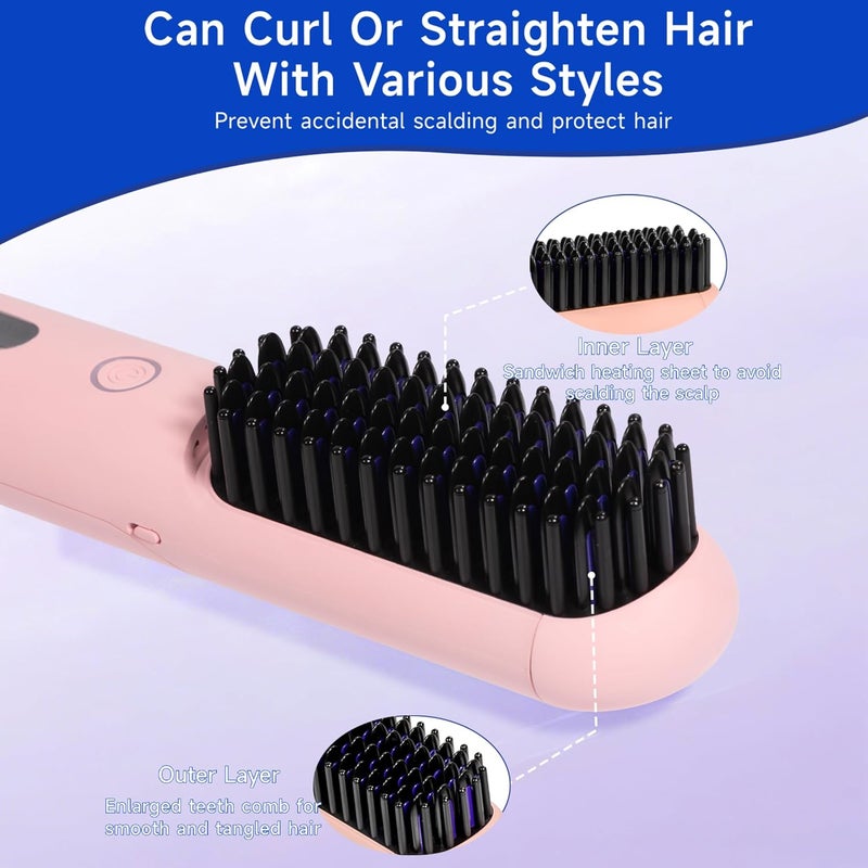 BOMIDI Cordless Hair Straightener Brush with Detachable for Easy Clean, 200M Negative Ions, 6-Speed Smart Temp Control and Type-C/Base Dual Charging, Travel-Friendly Styling Tool - Pink - Image 5