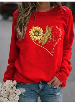 2024wish Womens Animal Print round Neck Sweatshirt Street Style Polyester Fiber Long Sleeve Fresh Sweet Princess Style red without cap