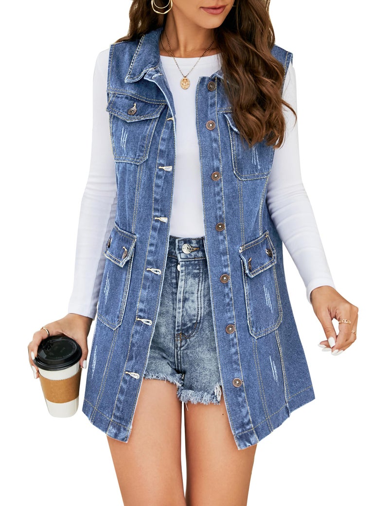 Flygo Womens Casual Button Up Sleeveless Denim Jean Mid Long Vest Gilet Jacket(01 Midblue-L) - Image 1