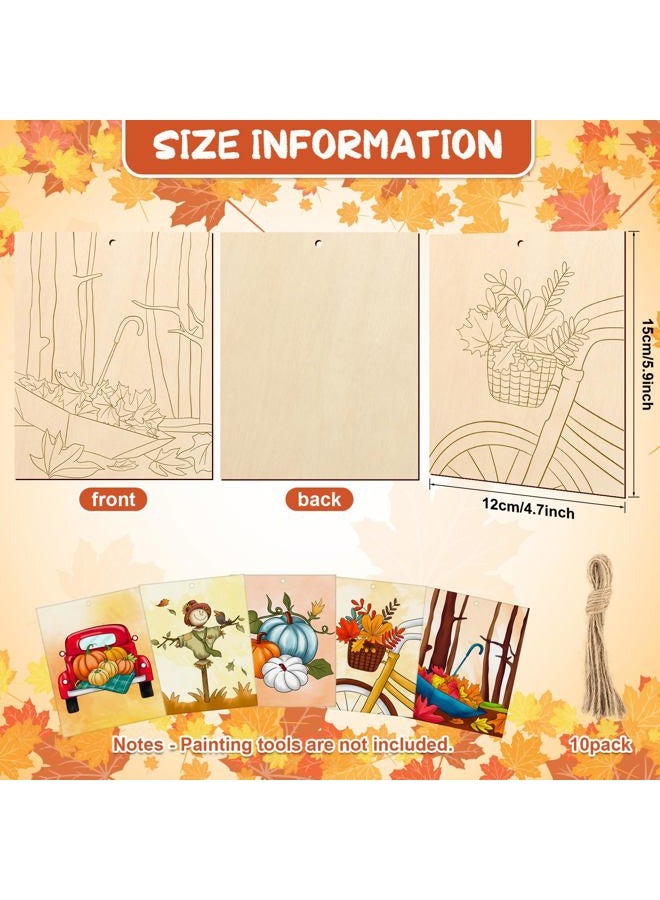 COCHIE 10PCS Large Fall Unfinished Wood Crafts to Paint for Adults Kids, Bulk Predrilled Wooden Ornaments for Painting, Pumpkin Scarecrow Maple Leaf Paintable Wood Slices Craft Supplies with Ropes - Image 2