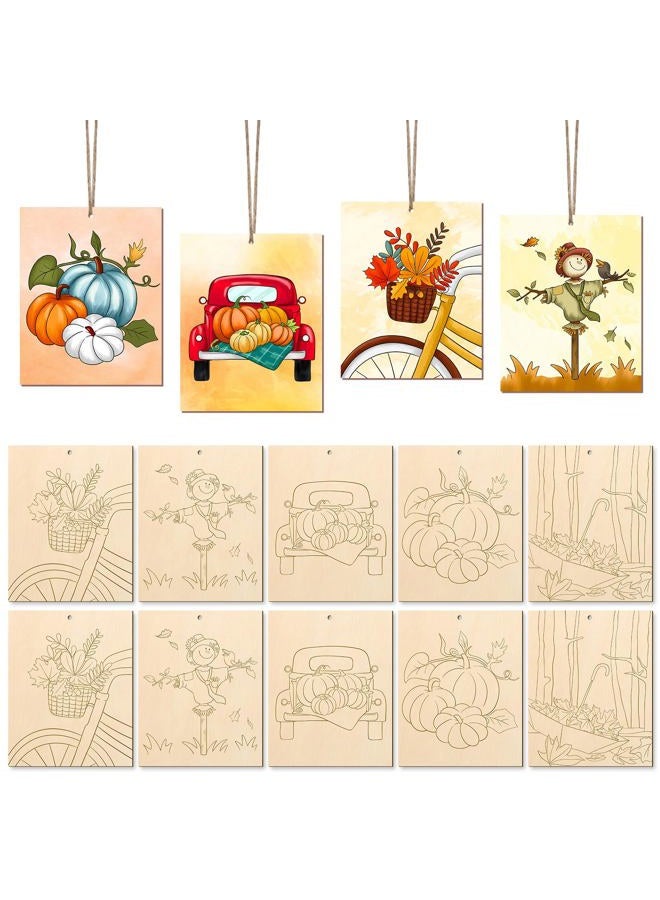 COCHIE 10PCS Large Fall Unfinished Wood Crafts to Paint for Adults Kids, Bulk Predrilled Wooden Ornaments for Painting, Pumpkin Scarecrow Maple Leaf Paintable Wood Slices Craft Supplies with Ropes - Image 1