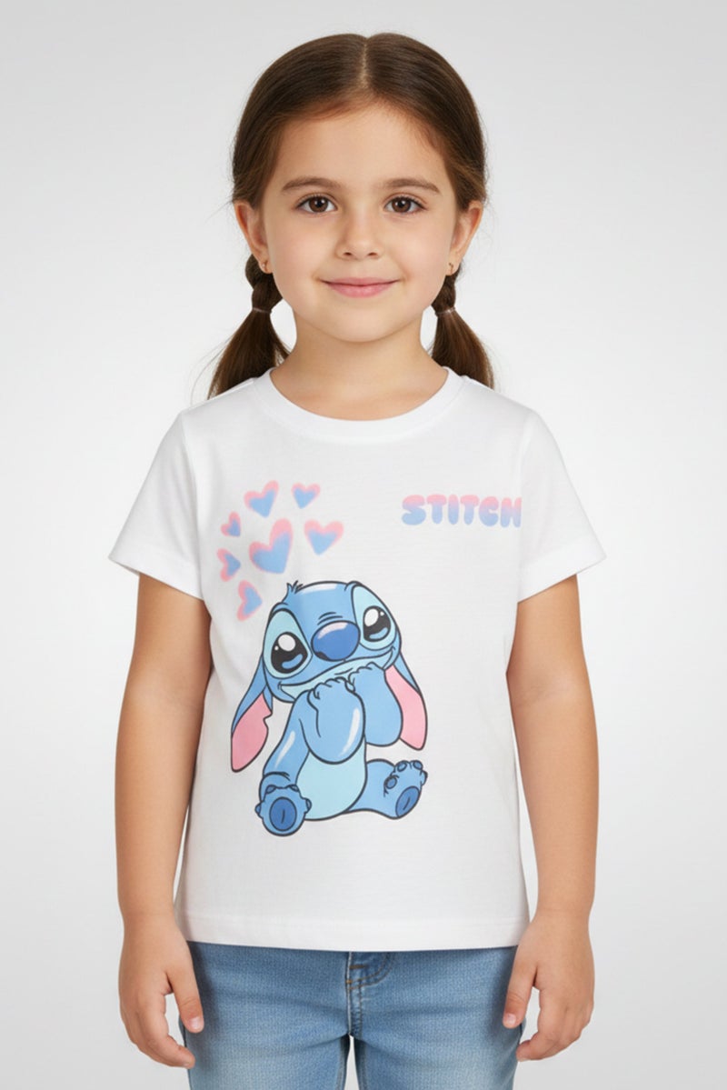 Disney Toddlers Girl Stitch Print Short Sleeve T-Shirt, White - Image 1