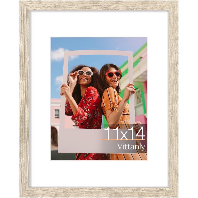 Vittanly 11x14 Picture Frame, Engineered Wood with Shatter Resistant Plexiglass, Display Pictures 8x10 with Mat or 11x14 without Mat, Photo Frame for Wall Mounting, Light Natural, 1 Pack - Image 1