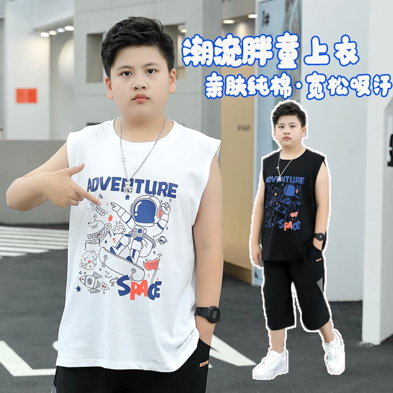 Chubby Children'S Vest Boy'S Summer Wear Thin Large Children'S Plus Size Loose Fat Boys Sleeveless Sweat-Absorbing Pure Cotton T-Shirt - Image 2