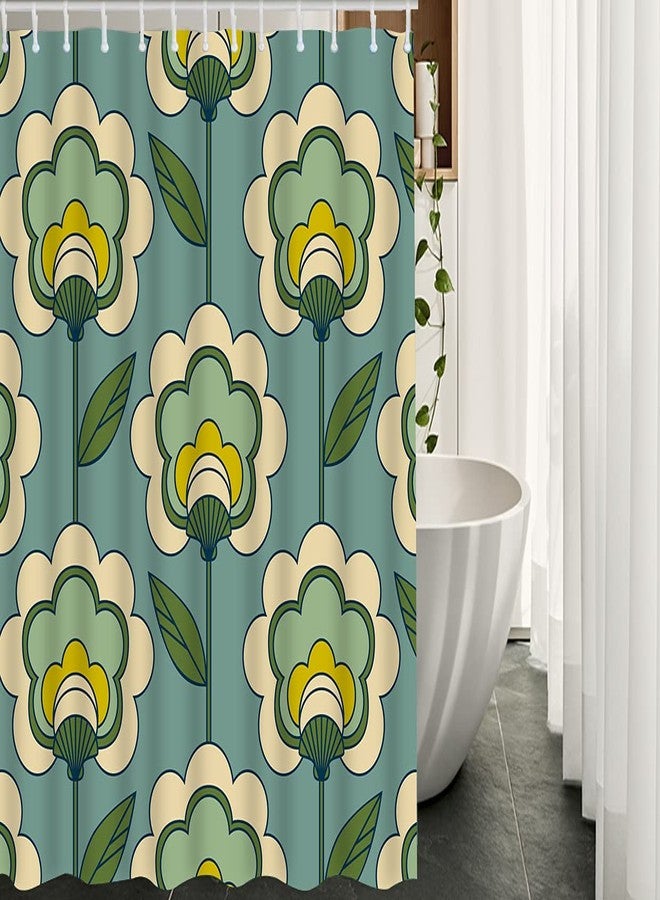 AOYEGO Retro Green Flowers Shower Curtain with Hooks Seventies Sixties Decor Style Design Repeat Floral Fabric Shower Curtain Decorative 60x72 Inch Polyester for Bathrooms Bathtubs Farmhouse - Image 2
