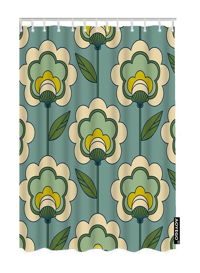 AOYEGO Retro Green Flowers Shower Curtain with Hooks Seventies Sixties Decor Style Design Repeat Floral Fabric Shower Curtain Decorative 60x72 Inch Polyester for Bathrooms Bathtubs Farmhouse - Image 1